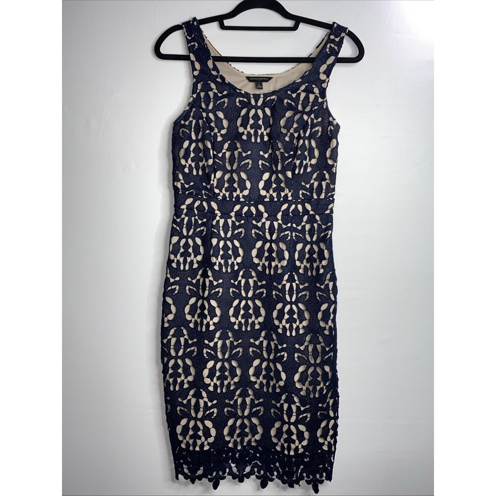 Banana Republic Lace Sheath Dress Sz 2 Blue Tan Lace Sleeveless Scoop Neck